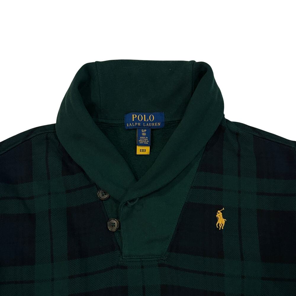 Polo Ralph Lauren Sweatshirt Boys Sz Small Green Blue Tartan Plaid Shawl Collar